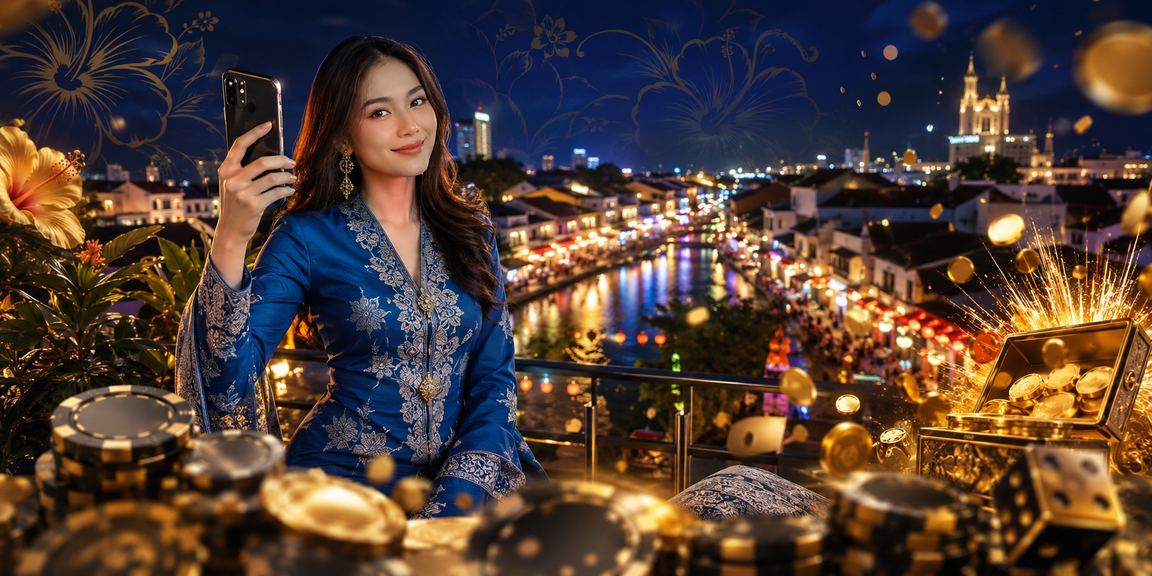 Wanita berpakaian baju kurung bermain slot mudah alih di Malacca